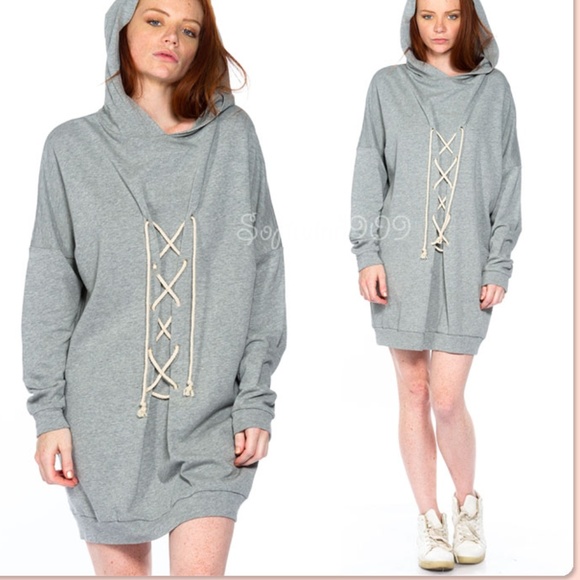 Unbranded Dresses & Skirts - ☝️Gray Laced Up Hooded Long Tunic Sweatshirt Dress